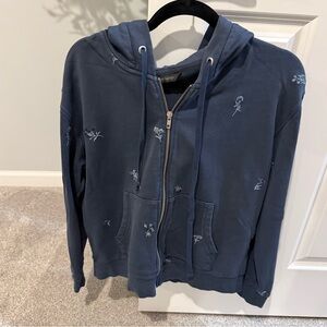 Driftwood navy blue embroidered floral zip up hoodie size M